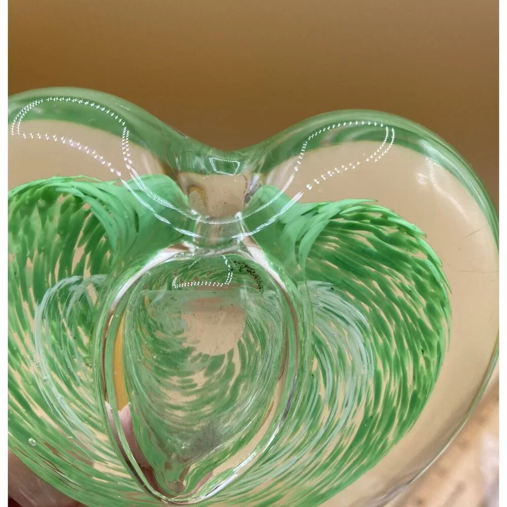 Art Glass Heart Bud Vase 3” Paperweight Sommerso Green Swirl Clear